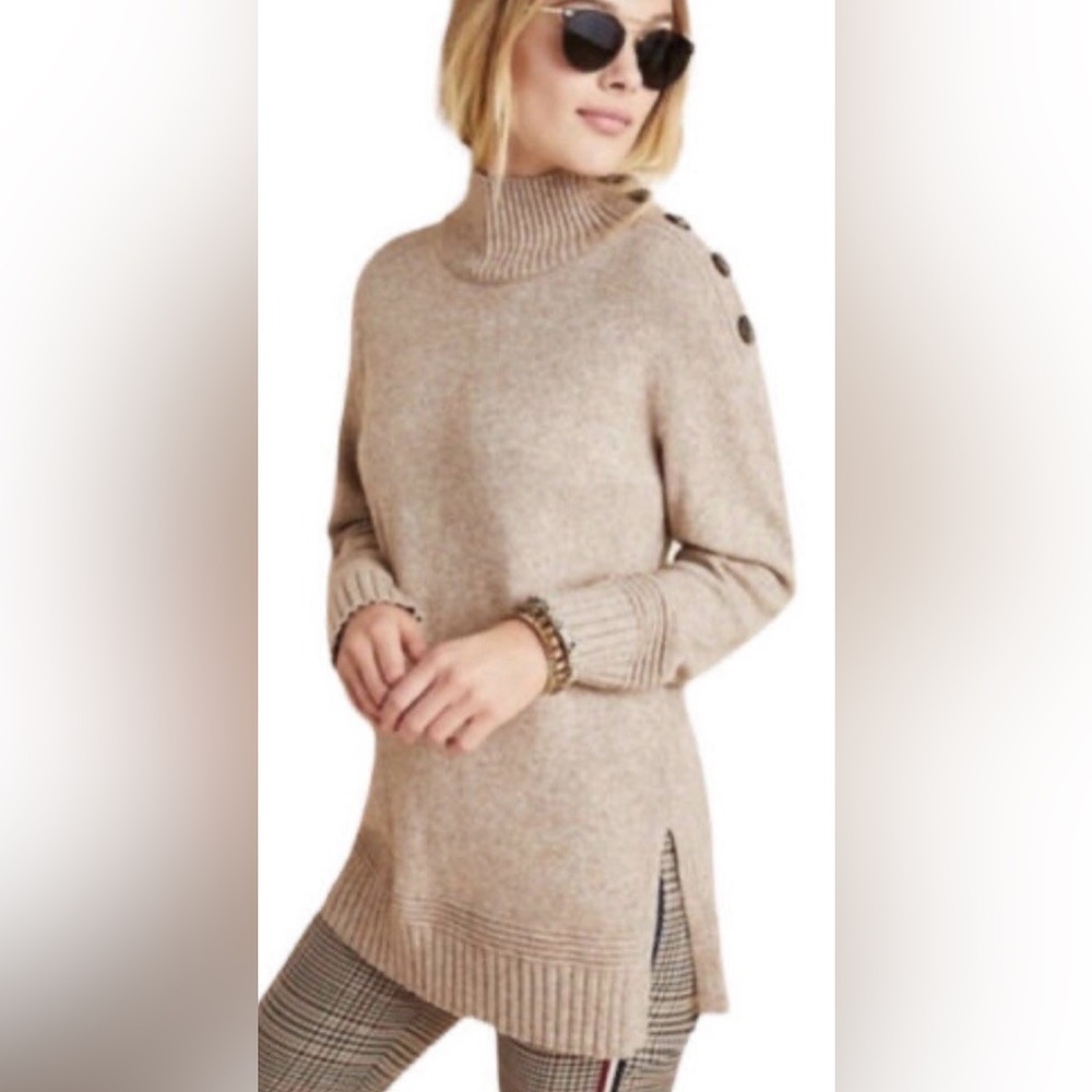 Anthropologie Beige Button-Shoulder Turtleneck Tunic Sweater
